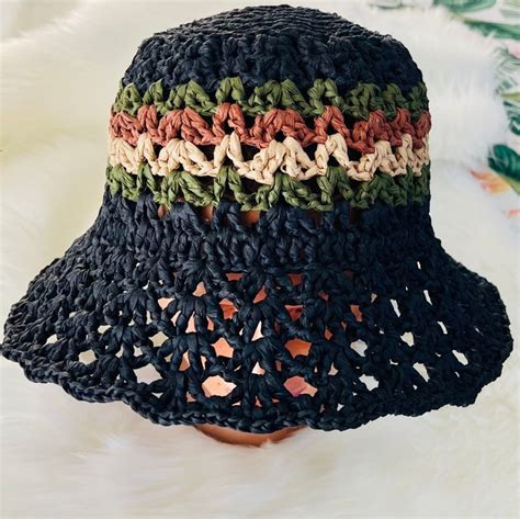 Crochet Raffia Camo Design Bucket Hat Foldable Raffia Straw Hat