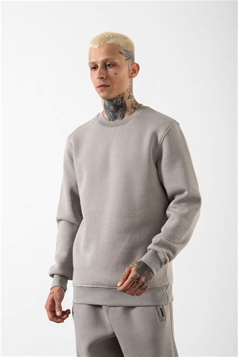 Erkek Bisiklet Yaka Basic Regular Açık Gri Sweatshirt Machinist