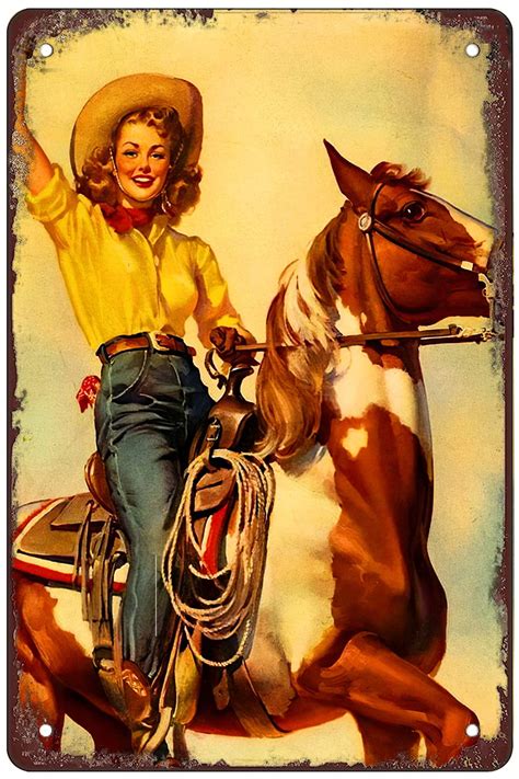 Retro Funny Metal Sign Sheet Signs Tin Sign Cowgirl Pin Up Girl Riding