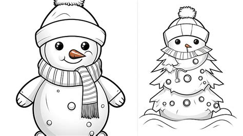 Coloring Book With A Cute Snowman Christmas Characters Using Hat Background Cartoon Sketch