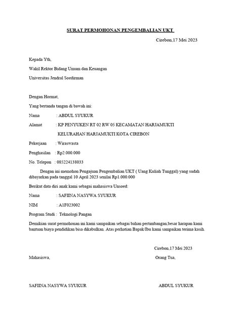 Surat Permohonan Pengembalian Ukt Pdf