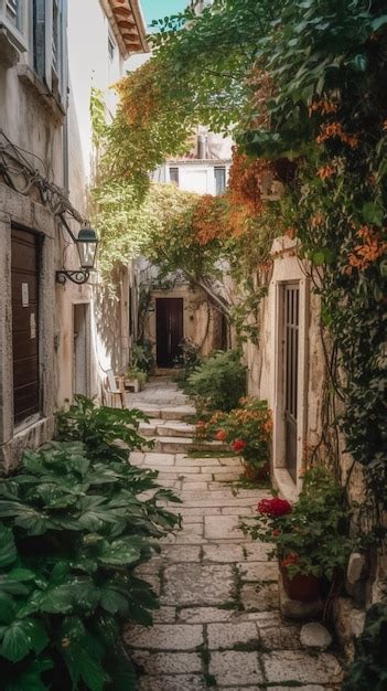 Un callejón estrecho con un muro de flores y un cartel que dice ciudad