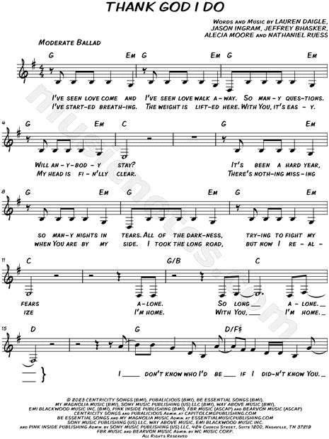 Lauren Daigle Thank God I Do Sheet Music Leadsheet In G Major