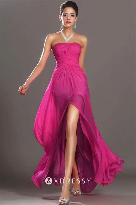 Empire Waist Strapless High Slit Fuchsia Prom Gown Xdressy