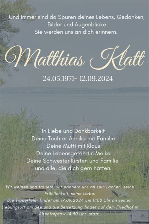 Traueranzeigen Von Matthias Klatt Trauer Nordkurier