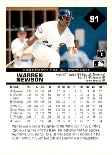 1992 Fleer Warren Newson Chicago White Sox 91 Ebay