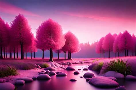 Premium AI Image | A painting of pink trees by the river