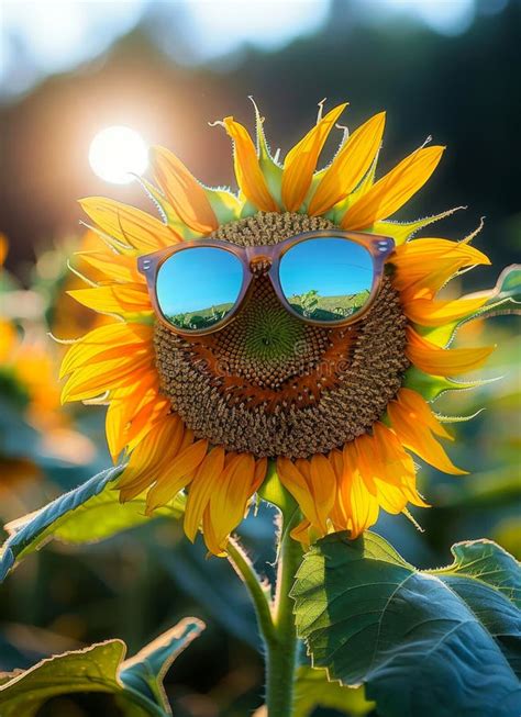 Sunflower With Sunglasses In Field A Sunflower Wearing Sunglasses