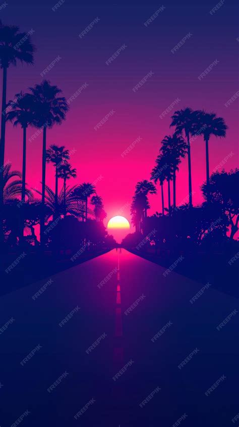 Premium Vector A Road With Palm Trees And A Sunset In The Background