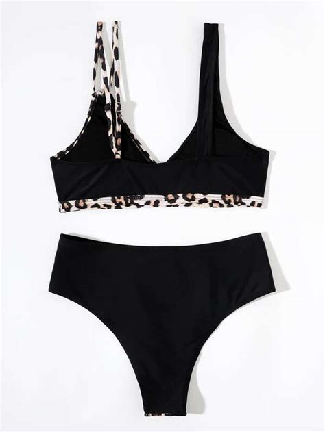 Shein Swim Vcay Leopard Bikini Set Cutout Shoulder Wireless Top