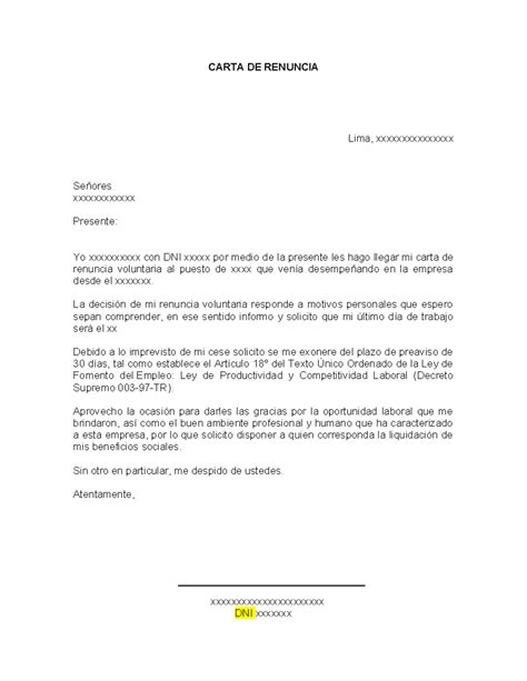 Formato Carta De Renuncia Ejemplo Carta De Renuncia Lima