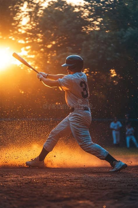 Baseball Player Swings Bat And Makes Contact With Ball During Sunset In Amateur Game Stock Image