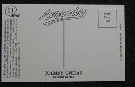 Johnny Unitas Postcards 1991 Legends Artwork 3 5x5 5 2nd Series Card