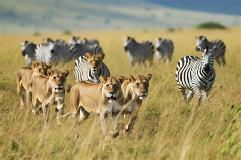 Premium Photo | A dynamic scene capturing a herd of zebra and lions running together across a ...