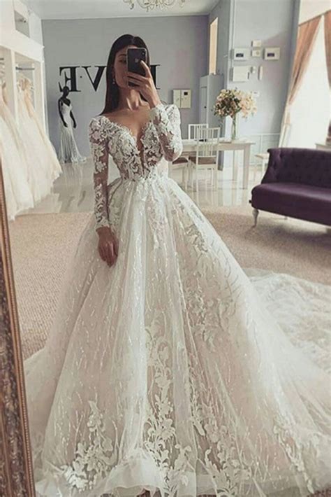 Stunning V Neck Long Sleeves Puffy Wedding Dress With Appliques