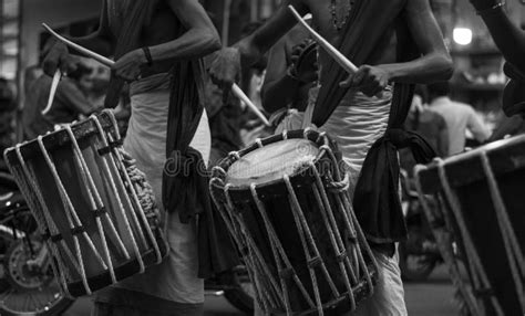 Closeup Shot Of A Indian Men Playing Traditional Percussion Drum Chenda