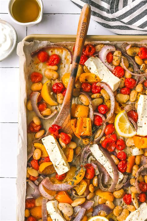 Sheet Pan Baked Feta Dinner With Vegetables And Beans Cooking In My Genes