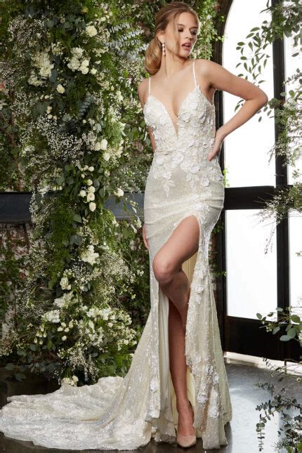 JB07632 Ivory Nude Long Sleeve Lace Bodice Bridal Dress Jovani