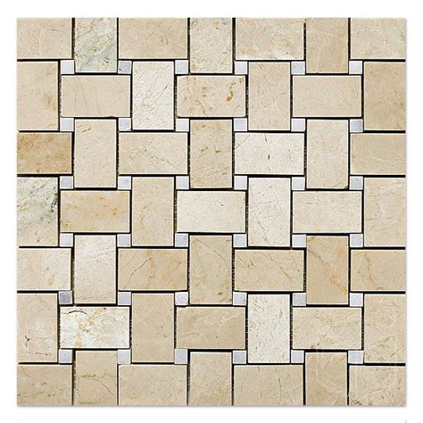 1x2 Basketweave Botticcino With Milas White Dots Mesh Mounted Mosaic Tile