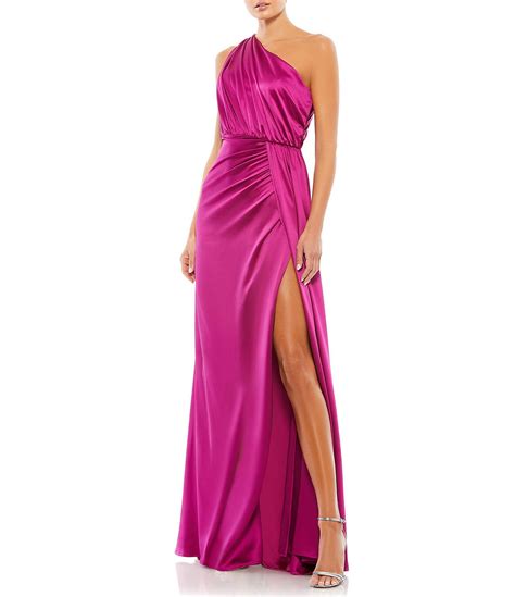 Mac Duggal Sleeveless Pleated One Shoulder Thigh High Slit Satin A Line