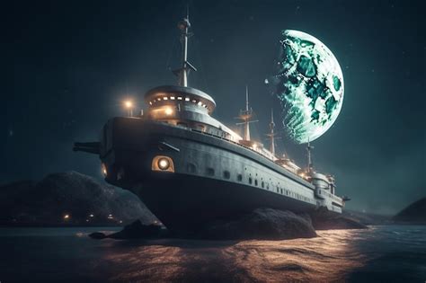 Premium AI Image A Ship On The Water With The Moon In The Background