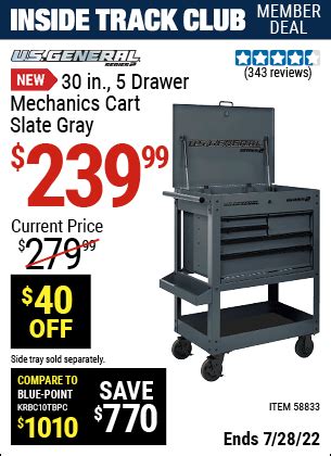 U S GENERAL 30 In 5 Drawer Mechanics Cart Slate Gray For 239 99