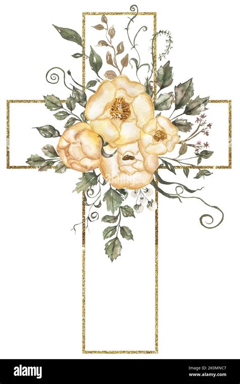 Watercolor Hand Painted Floral Cross With Golden Frame Clipart Easter