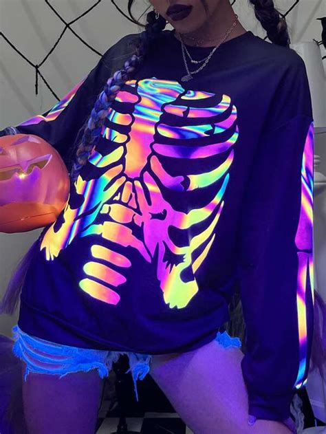 Shein Ezwear Reflective Skeleton Print Drop Shoulder Sweatshirt Shein Usa