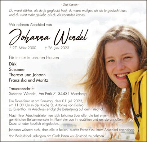 Traueranzeigen Von Johanna Wendel Trauer Wlz Online De