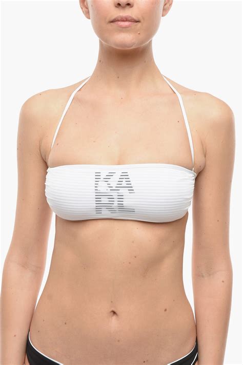 Karl Lagerfeld Solid Color Bandeau Bikini Top With Printed Contrasting