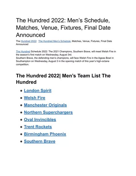 Ppt The Hundred 2022 Mens Schedule Matches Venue Fixtures Final