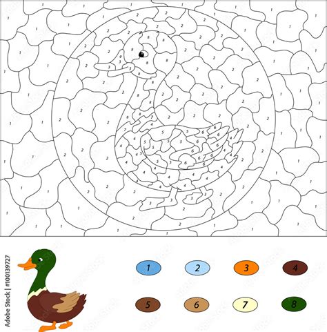 Cartoon duck. Color by number educational game for kids. Vector Stock ...