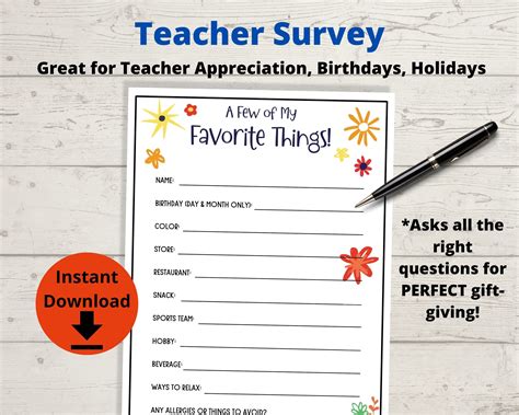 Teacher Survey Teacher S Favorite Things Questionnaire Teacher