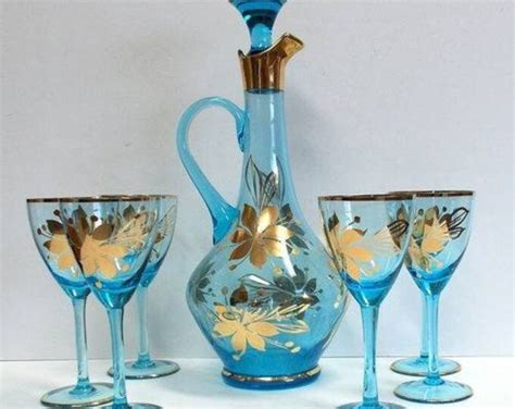 Vintage Bohemian Glass Decanter Pitcher And Glasses Set Mid Century Barware Etsy