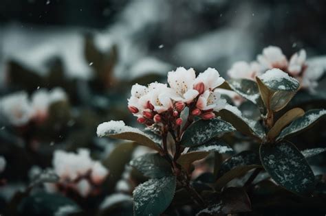 Premium AI Image | A snow covered bush with flowers in the foreground