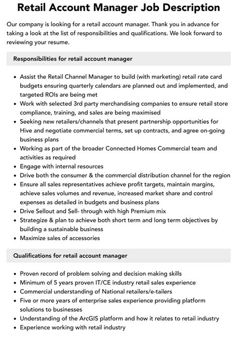 Retail Account Manager Job Description Velvet Jobs