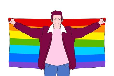 Homem gay desenhado de mão segurando uma bandeira do orgulho do arco íris ilustração Vetor Premium