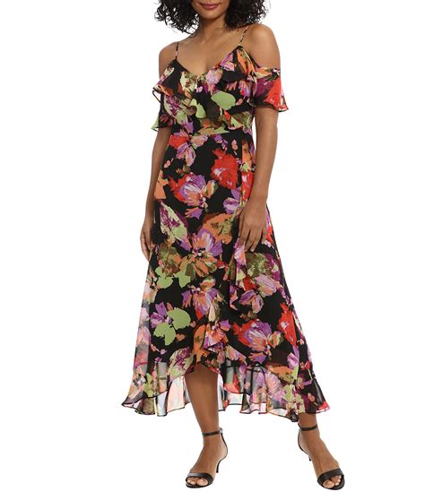 London Times Floral Print Cold Shoulder Ruffled V Neck Faux Wrap Dress