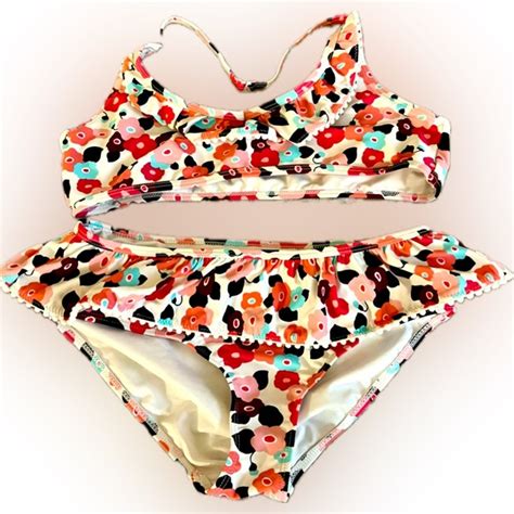 Kate Spade Swim Kate Spade New York Bikini Pink Floral Ruffle Pom Pom Trim Girls Swimsuit