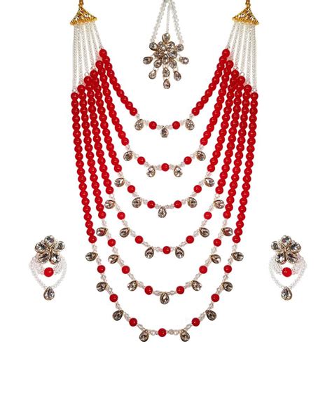 Red Crystal Beads Crystal Layered Long Floral Necklace Set Traditsiya