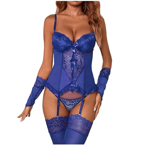 Skpblutn Lingerie Bodysuit For Women Print Mesh Lace Five Pieces Set