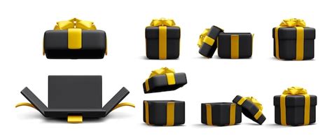 Conjunto De Cajas De Regalo Negras Realistas En 3d Con Cinta Dorada