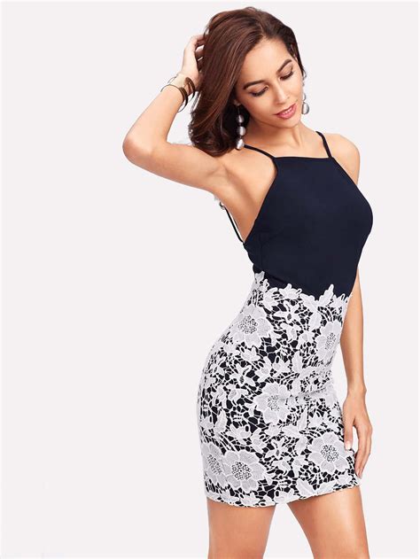 Contrast Floral Lace Overlay Cami Dress Shein Sheinside