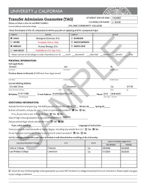 Fillable Online Ohlone Uc Transfer Admission Agreement Form Transfer