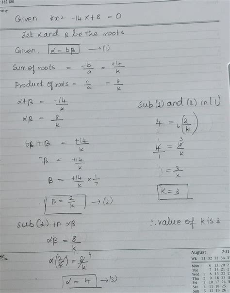 Find The Value Of K For Which One Root Of The Quadratic Equation K