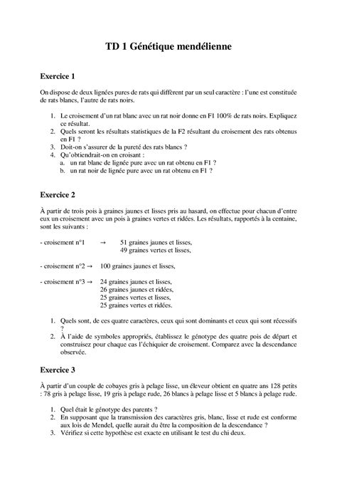 TD 1 exo génétique L1 cambrai TD 1 Génétique mendélienne Exercice 1