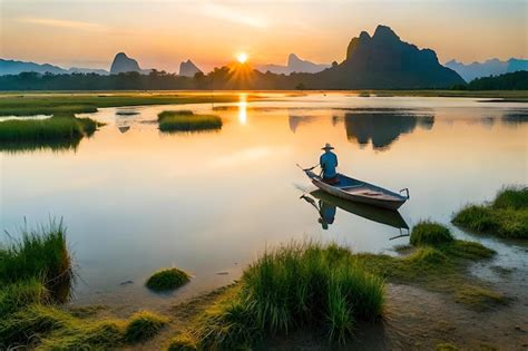 Premium Photo | A man is rowing a boat at sunset.