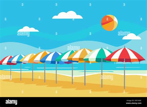 Colorful Beach Umbrellas Lined Up On A Sandy Beach With Clear Blue