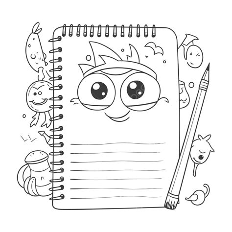 Notebook With Cartoon Faces Outline Sketch Drawing Vector, List Drawing ...