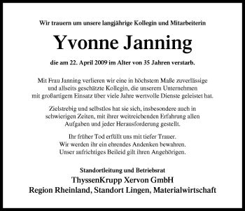 Traueranzeigen Von Yvonne Janning Noz Trauerportal